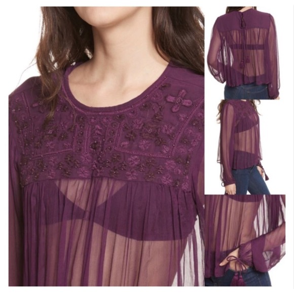 Free People Tops - Free people retro femme purple sheer tassle boho top